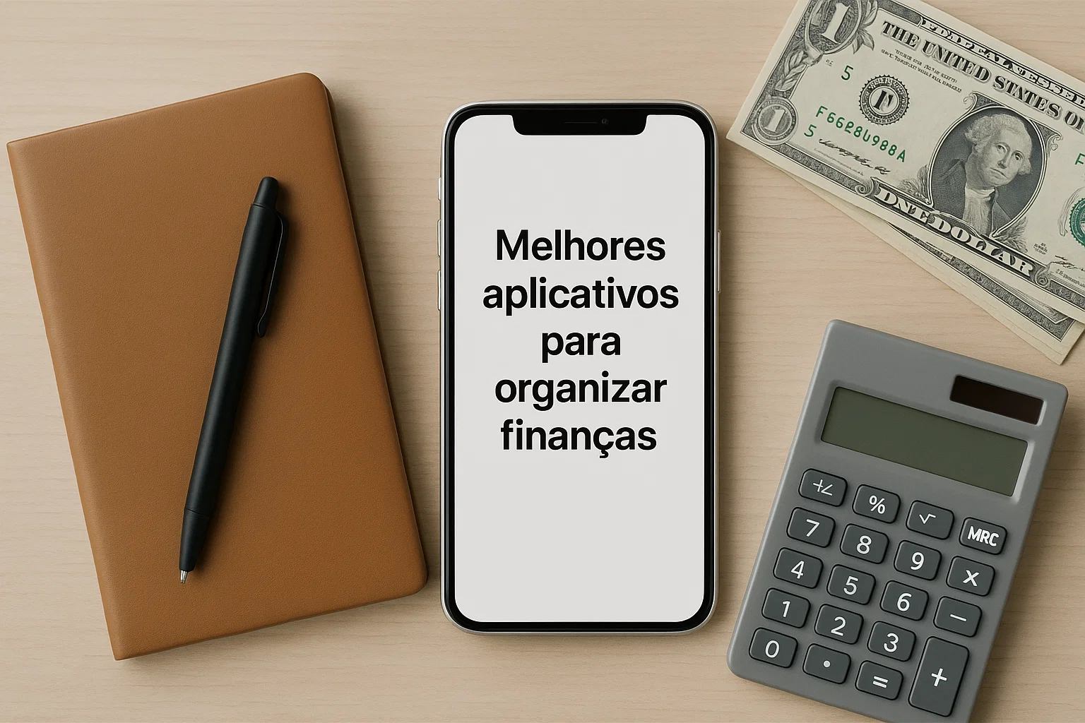 Melhores aplicativos para organizar finanças 2 Smartphone exibindo a frase melhores aplicativos para organizar finanças, acompanhado de calculadora, caderno e cédula de dólar sobre a mesa.